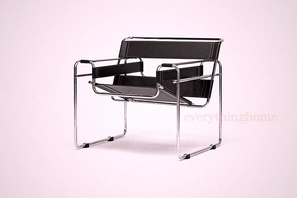Black Faux Leather Strap and Chrome Bent Steel Tube Accent Lounge Chair