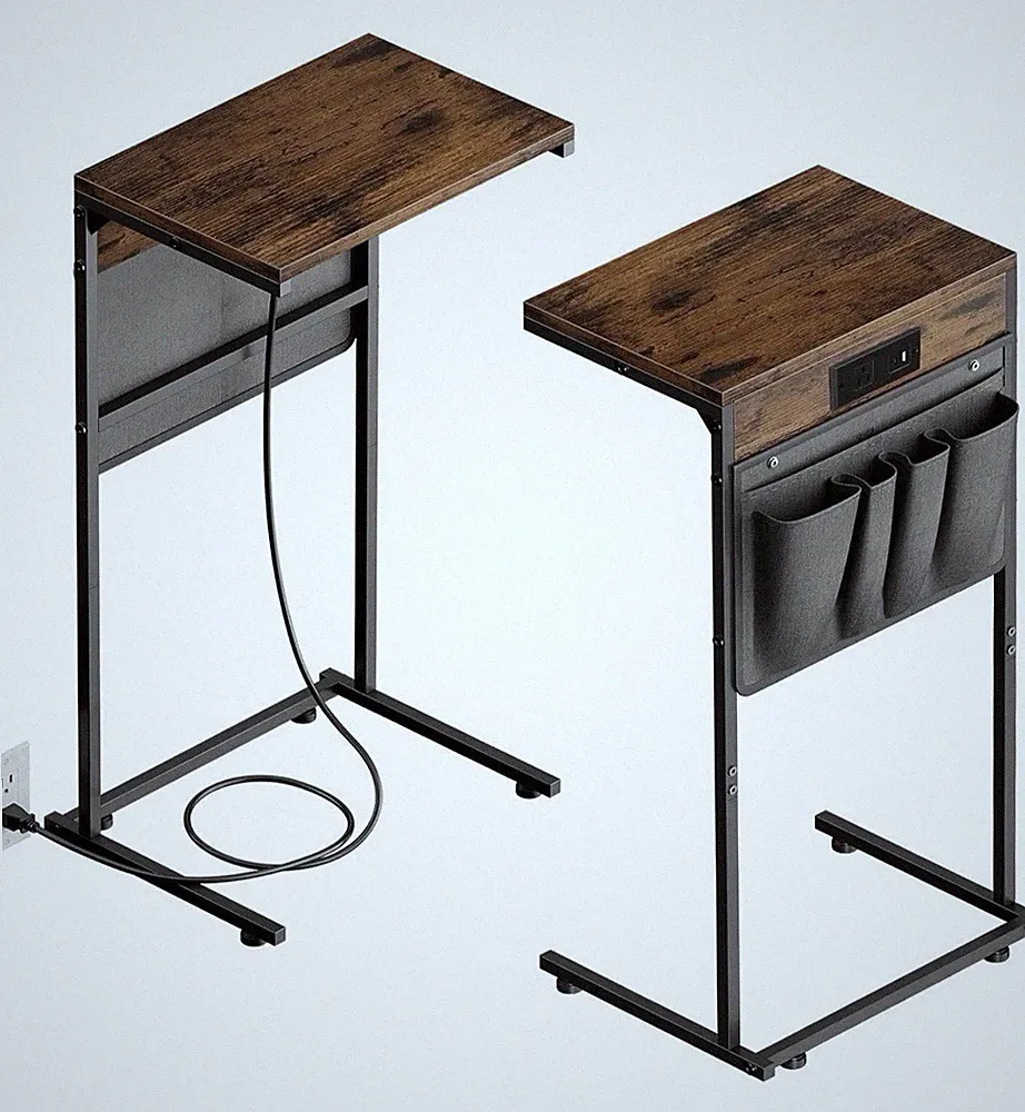 C Shaped End Table Of 2, Small Side Table for Couch & Recliner, Slide Under Sofa