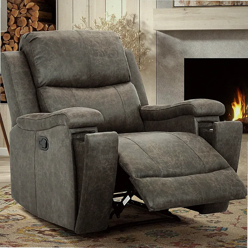 Classic Leather Recliner Chair with Cup Holders and Overstuffed Comfort, Grey