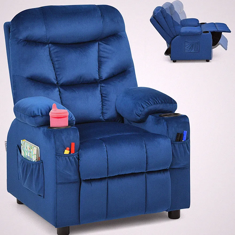 Honeyjoy Kids Youth Recliner Chair Velvet Fabric w/Cup Holder & Side Pocket Blue