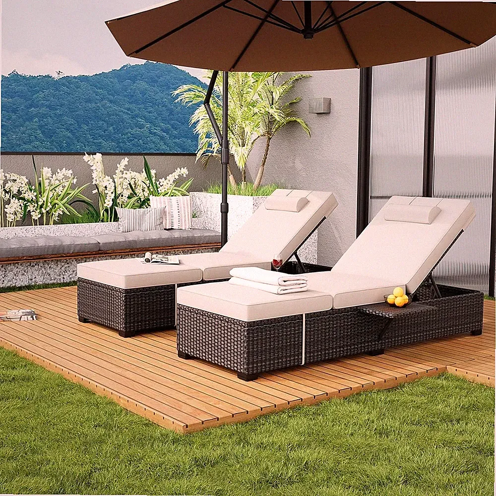 Lounge Chair Set of 2 for Outdoor, Adjustable Wicker Chaise Lounge for Garden