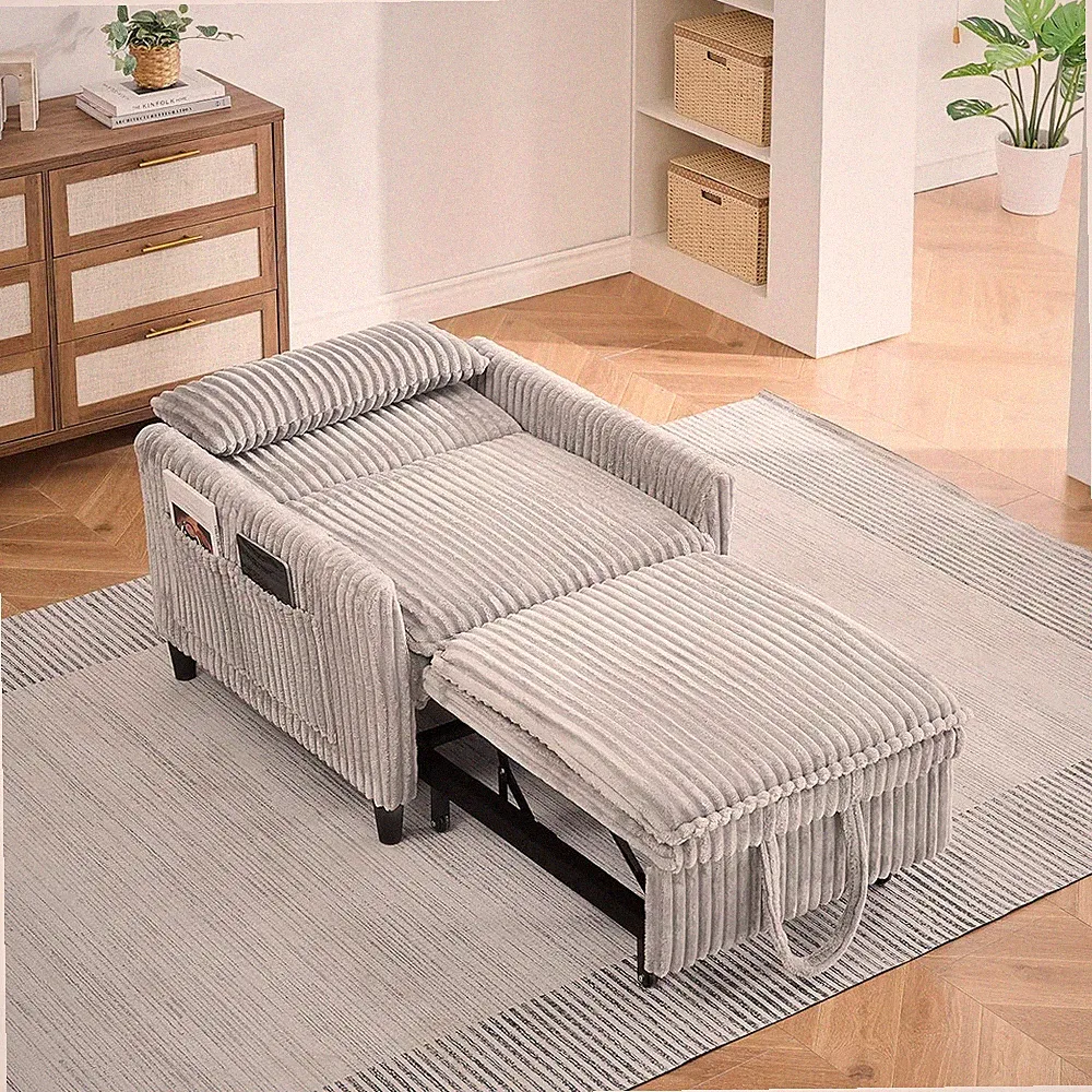 Modern 3-in-1 Convertible Sofa Bed with Pullout Bed and Adjustable Backrest, Gre