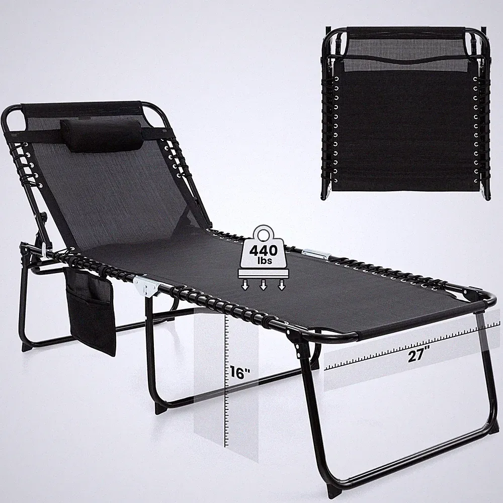 Oversize Folding Chaise Lounge with Adjustable Backrest Detachable Pillow Pocket