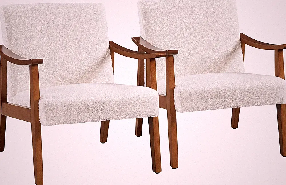Set of 2 Mid-Century Modern Ivory Accent Chairs with Solid Wood Legs